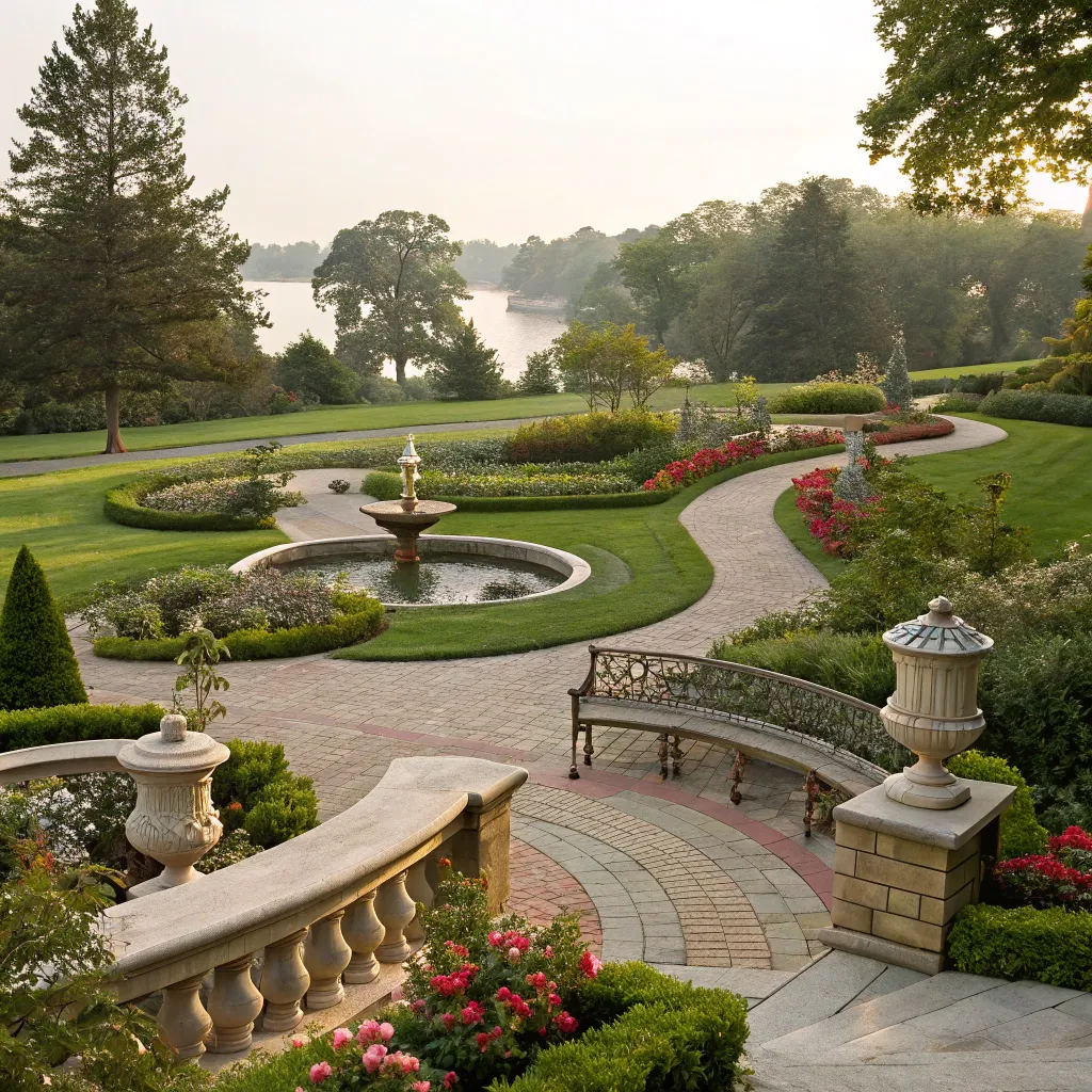 Beautifully designed garden landscape with pathways and seating areas